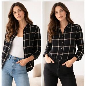 Rails Malin Onyx Sand Birch Plaid Snap Button Shirt Petite Small Y2K Soft Grunge